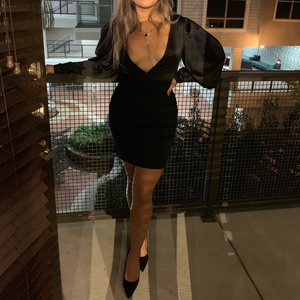 Zara Classic Black V-Neck bod on dress with satin sleeves